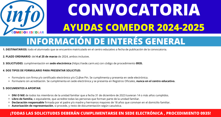 CeipCarmen's tweet photo. #AYUDASCOMEDORESCOLAR Abierto el plazo de solicitud de ayudas de comedor escolar 2024-2025.
El procedimiento para la presentación de la solicitud a través de sede electrónica (https://t.co/qtsvi1hcR0) es el 0935. https://t.co/ujIsYZ2cpg