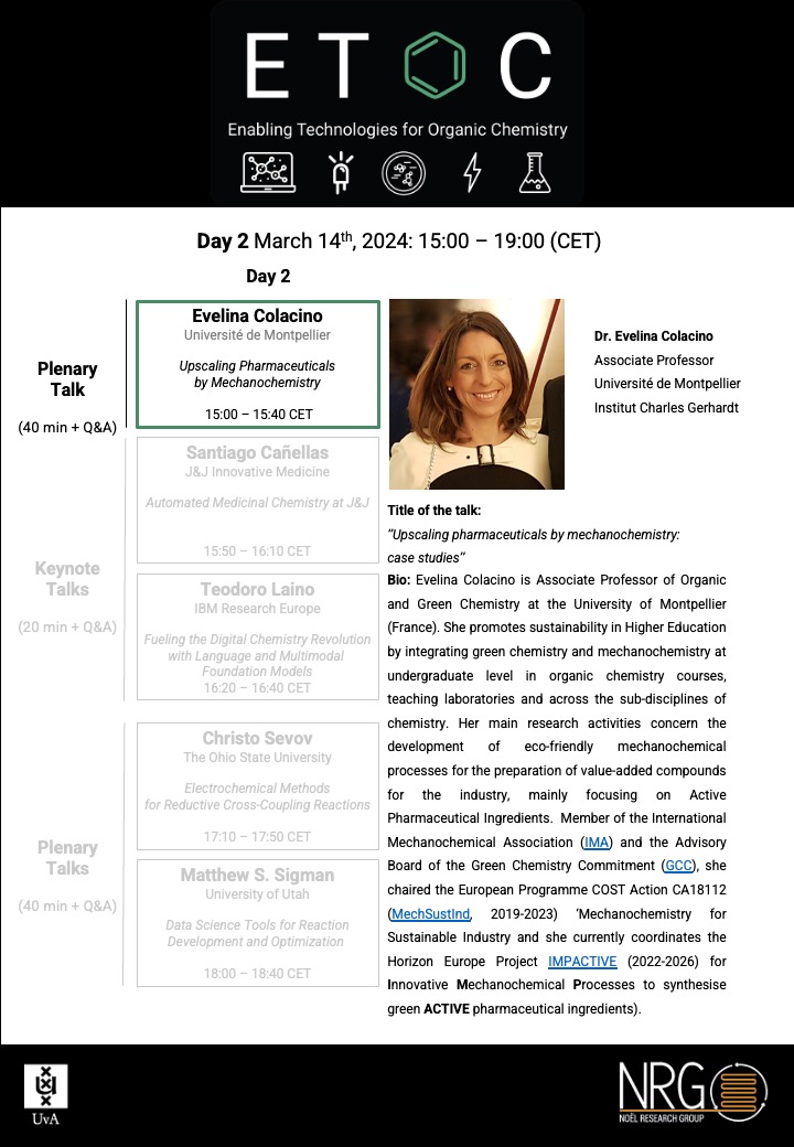 Kicking off the second day of #ETOC, Assoc. Prof. Evelina Colacino @ColacinoEvelina, coordinator of @Impactive_EU and @MechSustInd, will keep the wheels turning with a plenary talk about mechanochemistry! ⚙️🧪 Register here so you don't miss it! uva-live.zoom.us/webinar/regist…