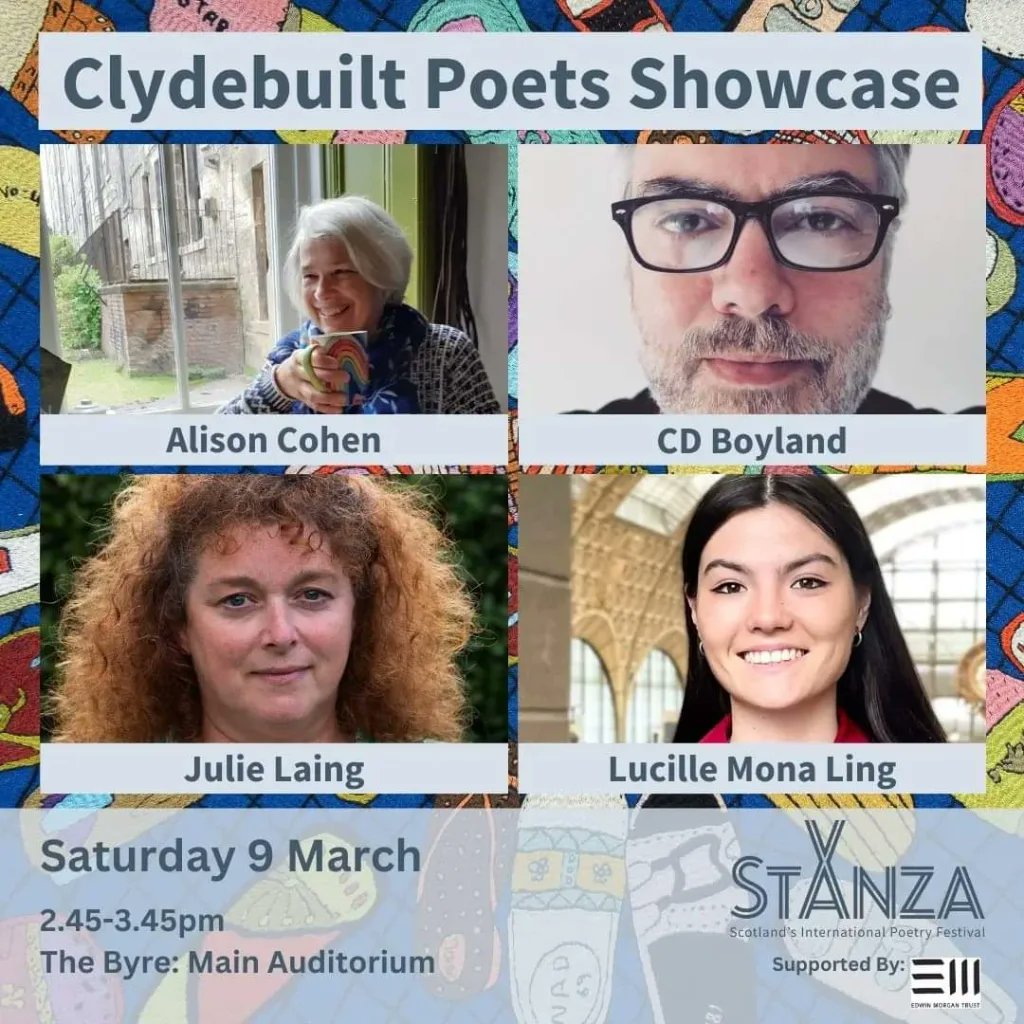 StAnza 2024 kicks off this Friday + we’re delighted to support two fantastic events:

📚 Clydebuilt Poets Showcase
Sat 9 March, 2.45–3.45pm @ Byre ABP Auditorium

📚 StAnza Poets in Residence: new work by April Yee + Iona Lee
Sun 10 March, 12.30–1.30pm @ Byre ABP Auditorium