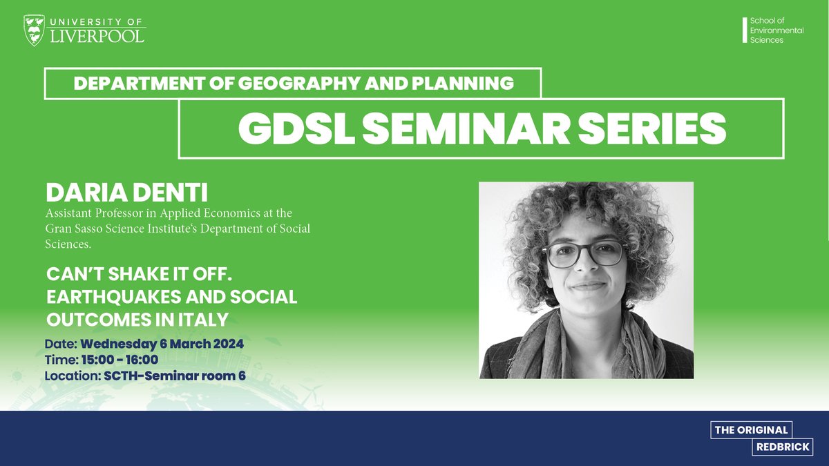 📢📢 Brown Bag Announcement 📢📢 We're excited to be hosting @dariadenti this Wednesday for our next GDSL Brown Bag seminar! Daria will be presenting a talk on earthquakes and social outcomes in Italy 🇮🇹