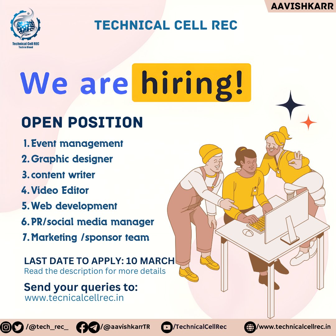 tech_rec_'s tweet photo. technical Cell is hiring for the batch of 2k23 of REC.
Registration link- https://t.co/DMV9Ogj5dd

#Tech_Cell
#AAVISHKAR https://t.co/6Fn0IcAyiu