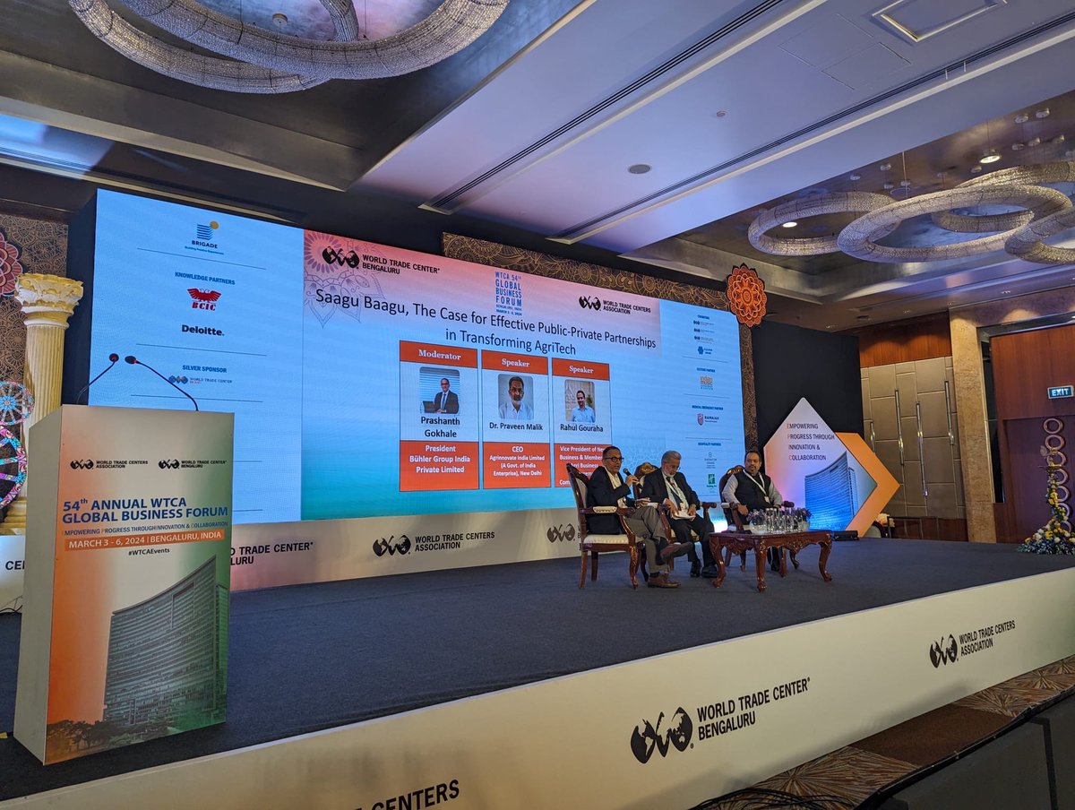 WTCA (@wtca) on Twitter photo Our next session focuses on “Saagu Baagu, the Case for Effective Public-Private Partnerships in Transforming Agritech” ft. Prashanth Gokhale of <a href="/Buhler_Group/">Bühler Group</a>; Dr. Praveen Malik of <a href="/Agrinnovate/">Agrinnovate India Limited</a>; and Rahul Gouraha of <a href="/ITCCorpCom/">ITC Limited</a>. #WTCEvents #ConnectingBusinessesGlobally Our next session focuses on “Saagu Baagu, the Case for Effective Public-Private Partnerships in Transforming Agritech” ft. Prashanth Gokhale of <a href="/Buhler_Group/">Bühler Group</a>; Dr. Praveen Malik of <a href="/Agrinnovate/">Agrinnovate India Limited</a>; and Rahul Gouraha of <a href="/ITCCorpCom/">ITC Limited</a>. #WTCEvents #ConnectingBusinessesGlobally