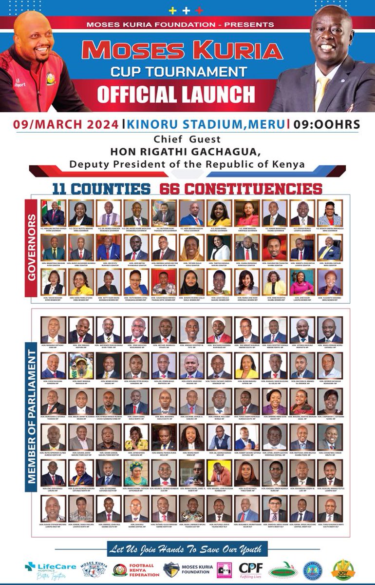 Moses Kuria tournament, which is planned to start on 9th March, will include 66 combined constituency combined teams and eight groups from the region .#MKTournament 
MtKenya United