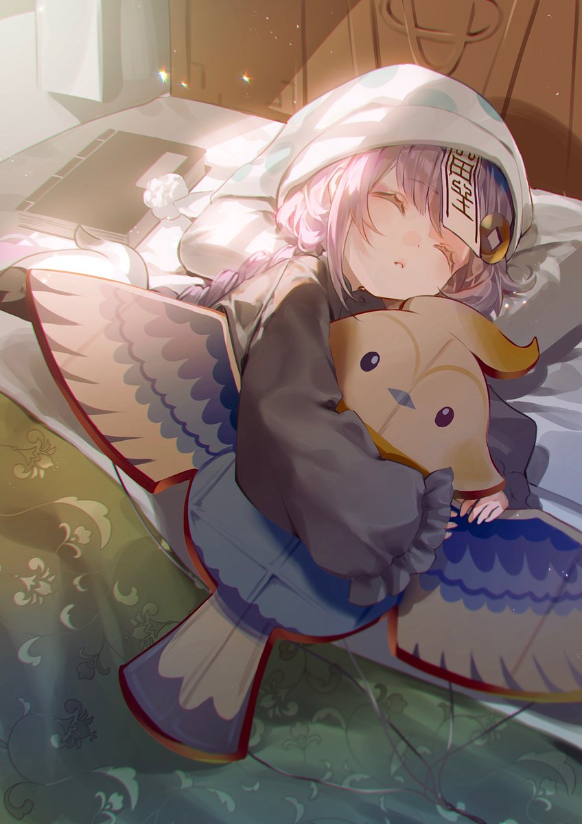 qiqi (genshin impact) 1girl sleeping closed eyes purple hair long sleeves stuffed toy solo  illustration images