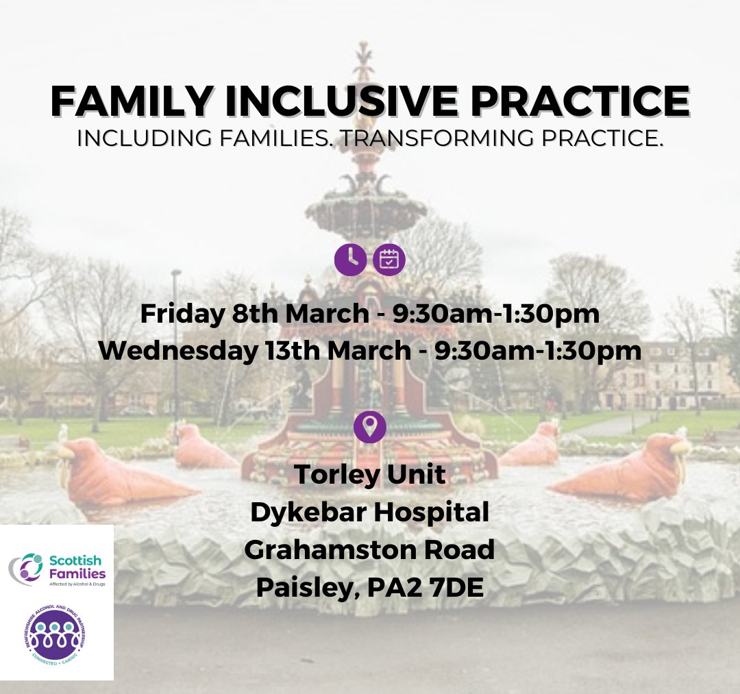 Do you work for a drug or alcohol support service operating in RENFREWSHIRE? We have some spaces left on our Family Inclusive Practice training this Friday, 8th March, 9:30 - 1:30pm. Interested? DM or email me directly at daryl@sfad.org.uk to have a chat about a space.