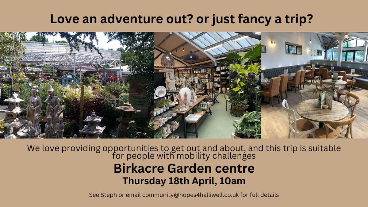 We've excited to have this in the diary! There are limited spaces, so priority will be given to those with mobility challenges on this one  #haveanamazingdayout #coachtrips #gardencentres #limitedmobility
Message us for more details or see Steph to book a space.