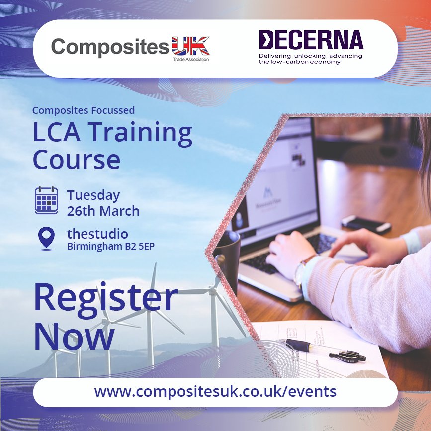 We look forward to welcoming you to the Life Cycle Assessment (LCA) of Composites training course, delivered by Decerna Have you booked your place? Spaces are Limited! 📅 Tuesday 26th March 📍 thestudio, Birmingham Members Only! For more details: lnkd.in/eA5DvFdm