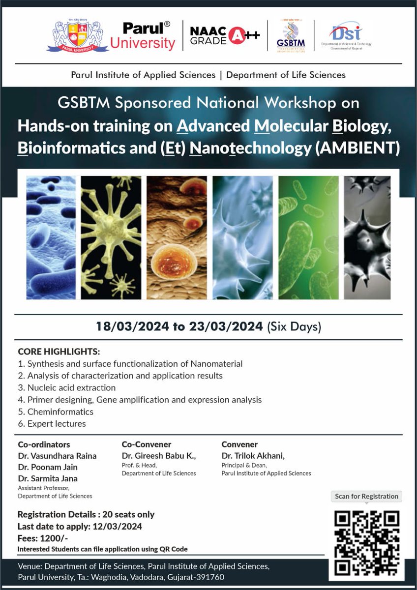 @gsbtm @dstGujarat sponsored a National-level Workshop organized by Parul Institute of Applied Sciences, @ParulUniversity on “Hands-on training on Advanced Molecular Biology, Bioinformatics and (Et) Nanotechnology (AMBIENT)” on 18 to 23 March 2024