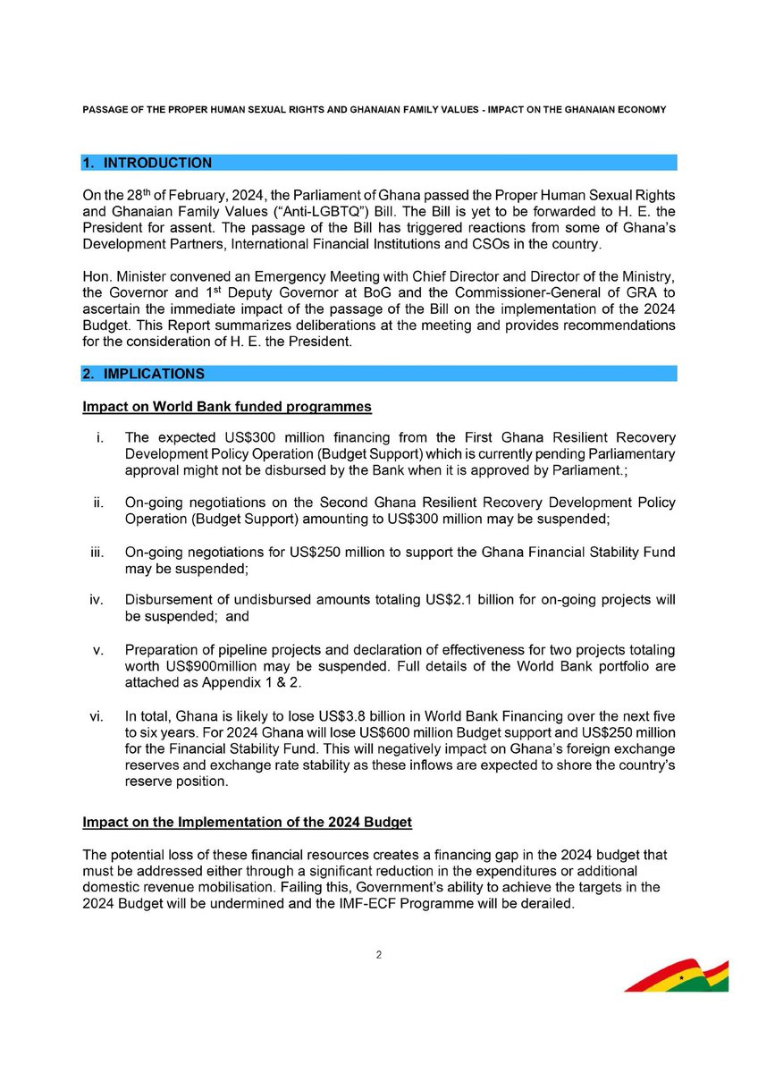 RightifyGhana's tweet photo. Ghana's Ministry of Finance has urged President Akufo-Addo @NAkufoAddo not to assent to the anti-LGBTQ Bill

💢 Highlights negative impact of the passage and the implementation of the 'Human Sexual Rights and Family Values Bill, 2024', aka anti-LGBTQI Bill, on the economy https://t.co/8BeNYbC3lx