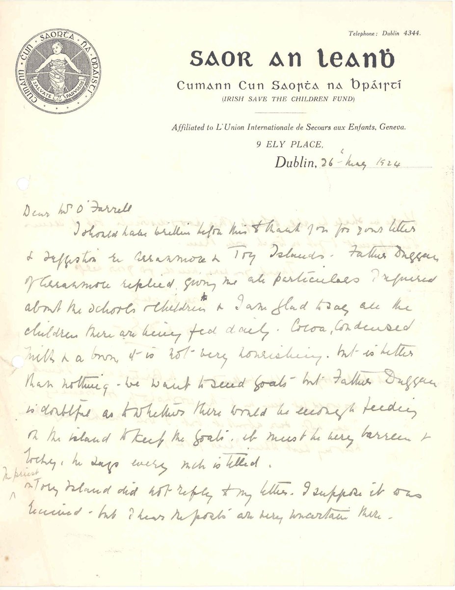 1924 people in distress in West #Donegal due to potato crop and fishing industry failure in newly created Irish Free State. Save the Children (Saor an Leanabh) asked govt rep. how it could help women & children. especially in the islands, #Toraigh & #Arranmore