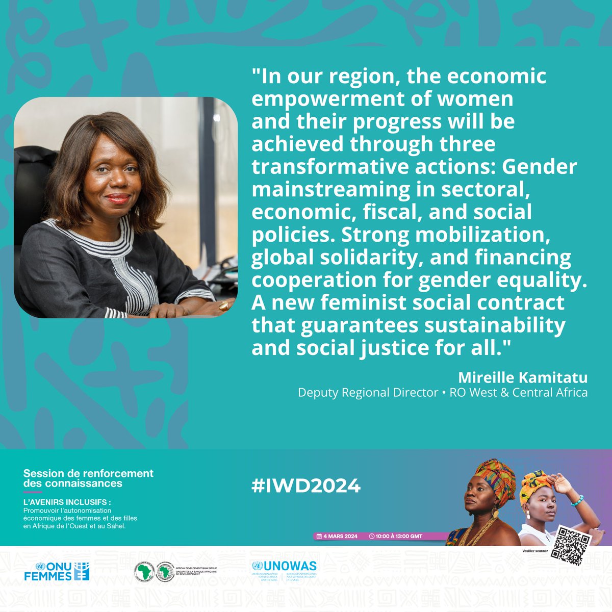unwomenafrica's tweet photo. Our Deputy Regional Director, Mireille Kamitatu delivered a powerful message today, stressing the critical need for #women's economic empowerment in West #Africa and the #Sahel.
Let's come together and turn her words into bold action! 
With:
@AfDB_Group @AfDB_Group https://t.co/QmlK2vqW2L