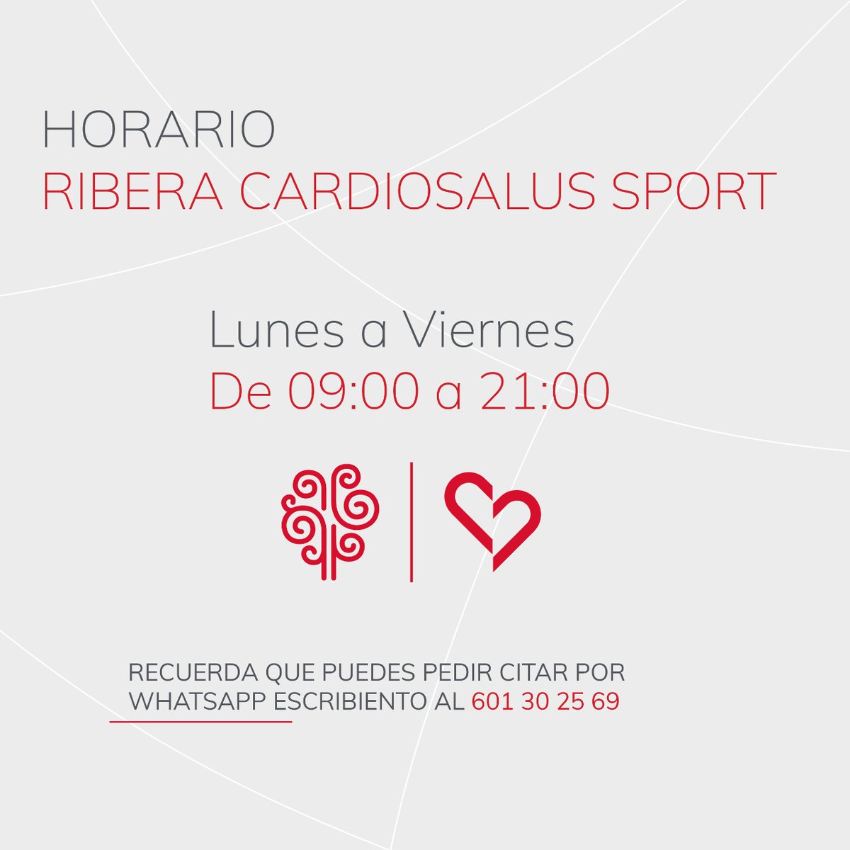 🕘 De lunes a viernes,  de 09:00 a 21:00, en horario ininterrumpido, puedes venir a Ribera Cardiosalus Sport.

Pide cita por Whatsapp, o en el link de nuestra bio.