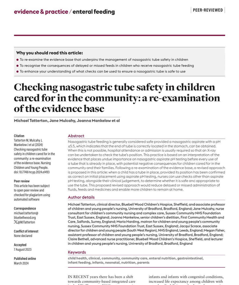 Excited to share our new paper, co-authored with @MulcahyJane, @mariagharding, @ecbethell and colleagues, exploring the evidence behind #nasogastric feeding #children in the #community. You can read it here: doi.org/10.7748/ncyp.2… @BluebellWoodCH @nhs_scft @UoB_Nursing #CCN