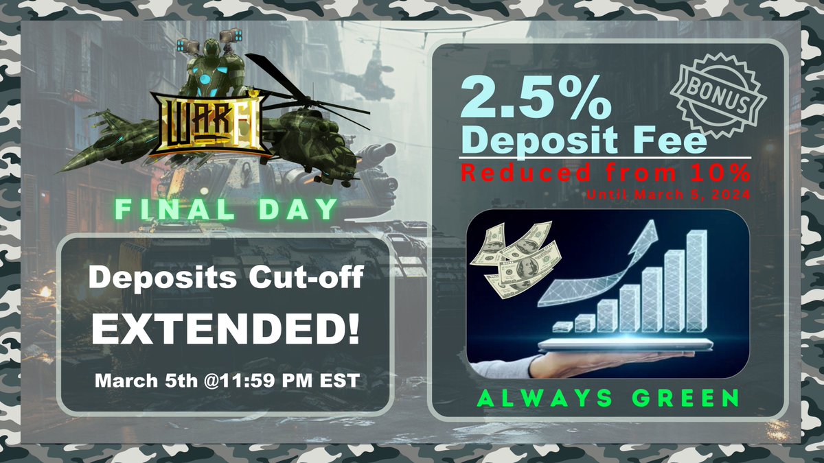 One more day to go! 🚨 Get your deposits in now & don't miss this opportunity to start building real wealth with WarFi today! 27 months of nothing but GREEN! and we won't stop! 💸 Join here: warfi-tradingbots.com #crypto #BTC #profits #trading #wealth #defi