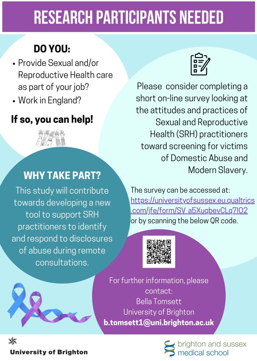 Calling all #SexualAndReproductiveHealth practitioners in England!! 
Concerned about #DomesticAbuse and/or #ModernSlavery? This is an opportunity to make your voice heard!
On average, participants take just 7 minutes to complete the survey! 

#PhD #SRH #Research #Survey