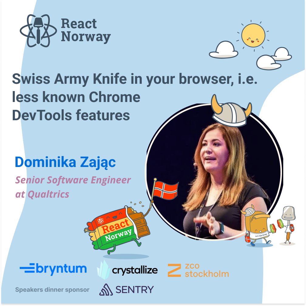 React Norway 🗓 June 13th, 2025! (@reactnorway) on Twitter photo We want to welcome <a href="/domizajac/">Dominika 'Domi' Zając 🇵🇱</a>, a software engineer at <a href="/Qualtrics/">Qualtrics</a>, as our next #RDNY 2024 speaker.
What's she gonna talk about? Swiss Army Knife in your browser, i.e. less known Chrome DevTools (<a href="/ChromiumDev/">Chrome for Developers</a>) features!
Join us! Get your ticket today > reactnorway.com We want to welcome <a href="/domizajac/">Dominika 'Domi' Zając 🇵🇱</a>, a software engineer at <a href="/Qualtrics/">Qualtrics</a>, as our next #RDNY 2024 speaker.
What's she gonna talk about? Swiss Army Knife in your browser, i.e. less known Chrome DevTools (<a href="/ChromiumDev/">Chrome for Developers</a>) features!
Join us! Get your ticket today > reactnorway.com
