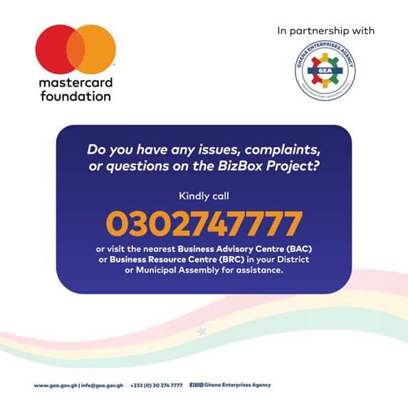Kindly call 0302747777 if you have issues, complaints, or questions on the application process of the BizBox Project.APPLY NOW: gea.gov.gh/bizbox
<a href="/Gea_Ghana/">Ghana Enterprises Agency</a> <a href="/KosiYankeyAyeh/">Kosi Yankey-Ayeh</a>
#GEABusinessInABox #BizBox #Mastercardfoundation