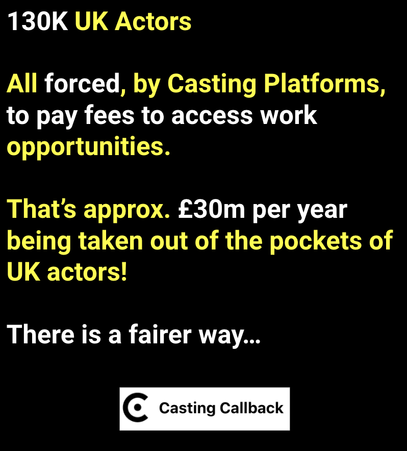 I still get angry every time I see these numbers. 🤬🤬

No other industry makes candidates pay to apply to work. It's not inclusive, fair, accessible or diverse. It's wrong on so many levels!

We're on a mission to make access to castings FREE.

Actors shouldn't be made to pay.