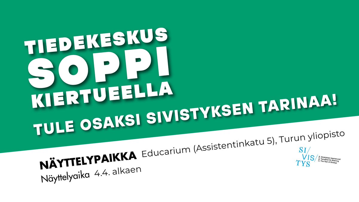 Tiedekeskus Soppi saapuu Educariumille huhtikuussa! ✨
Tiedekuntamme juhlistaa Sopen saapumista avajaisilla torstaina 4.4. klo 10.00. Ohjelmassa on mm paneelikeskustelu tulevaisuuden koulusta.

Katso koko ohjelma ja ilmoittaudu mukaan: ty.fi/utufisopenavaj…

#edutu50 #ksv150