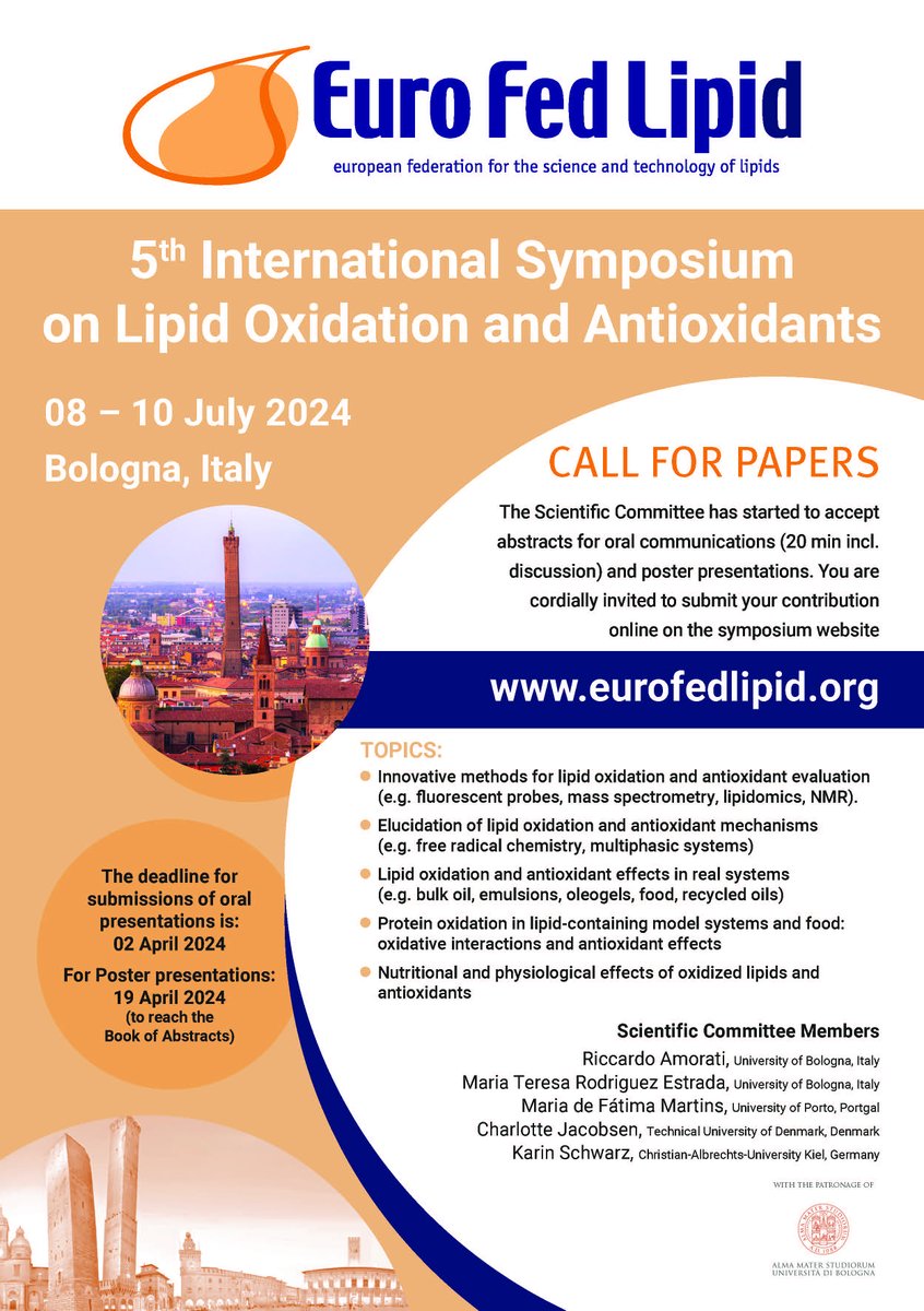 5th International Symposium on Lipid Oxidation and Antioxidants
8-10 July 2024, Bologna, Italy

Abstract Submissions - deadlines fast approaching!

Deadline for Submissions.
Oral Presentations: 2 April 2024
Poster Presentations: 19 April 2024 (to reach the book of abstracts)