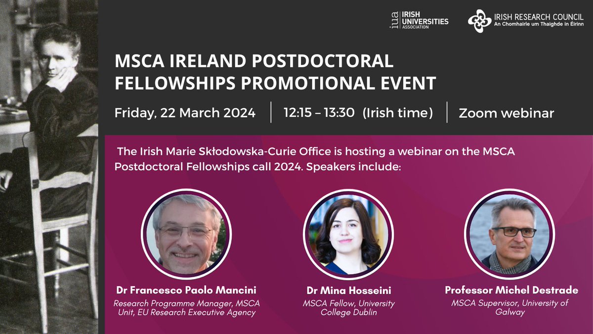 📢The first of @mariescurie_ire promo events for @MSCActions 2024 calls, focused on the Postdoctoral Fellowships, takes place on 2⃣2⃣ March @ 12:15 (Irish time). Open to all organisation types! Sign up here: us02web.zoom.us/webinar/regist… @mariescurie_ire is supported by @IrishResearch