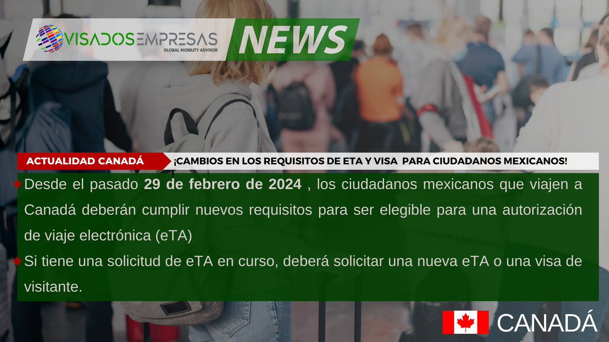 🌎 ¡Actualización importante para viajeros mexicanos a Canadá! 

Desde el 29 de febrero de 2024, se aplican nuevos requisitos para quienes viajan a Canadá. 🍁 

Leer más 👇