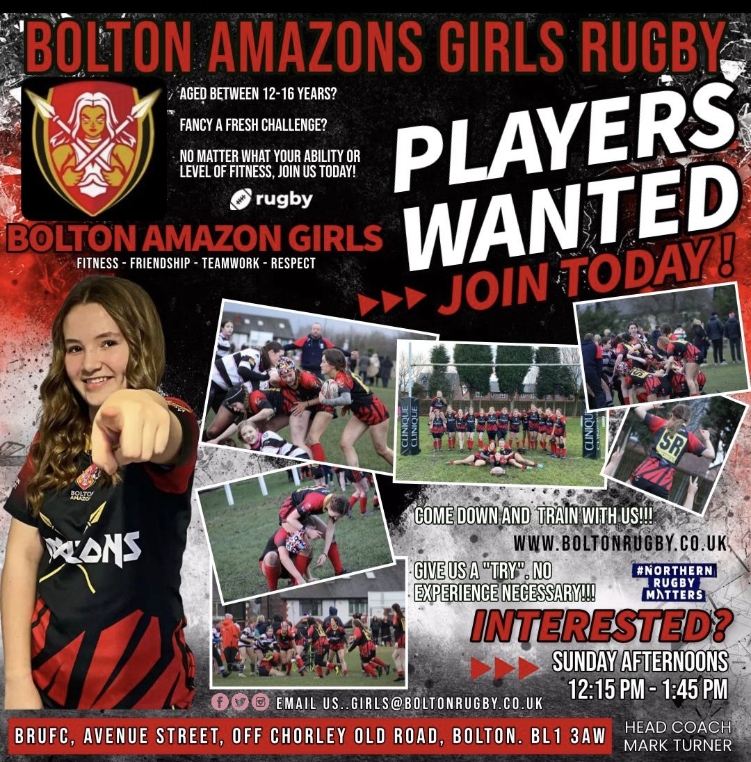 Bolton Amazons are looking for more players. No experience necessary, all levels of fitness &amp; abilities welcome. Girls rugby is a fast growing sport, come &amp; give it a try!
We're a friendly and welcoming club &amp; rugby is a great way to make new friends, build fitness and have fun!