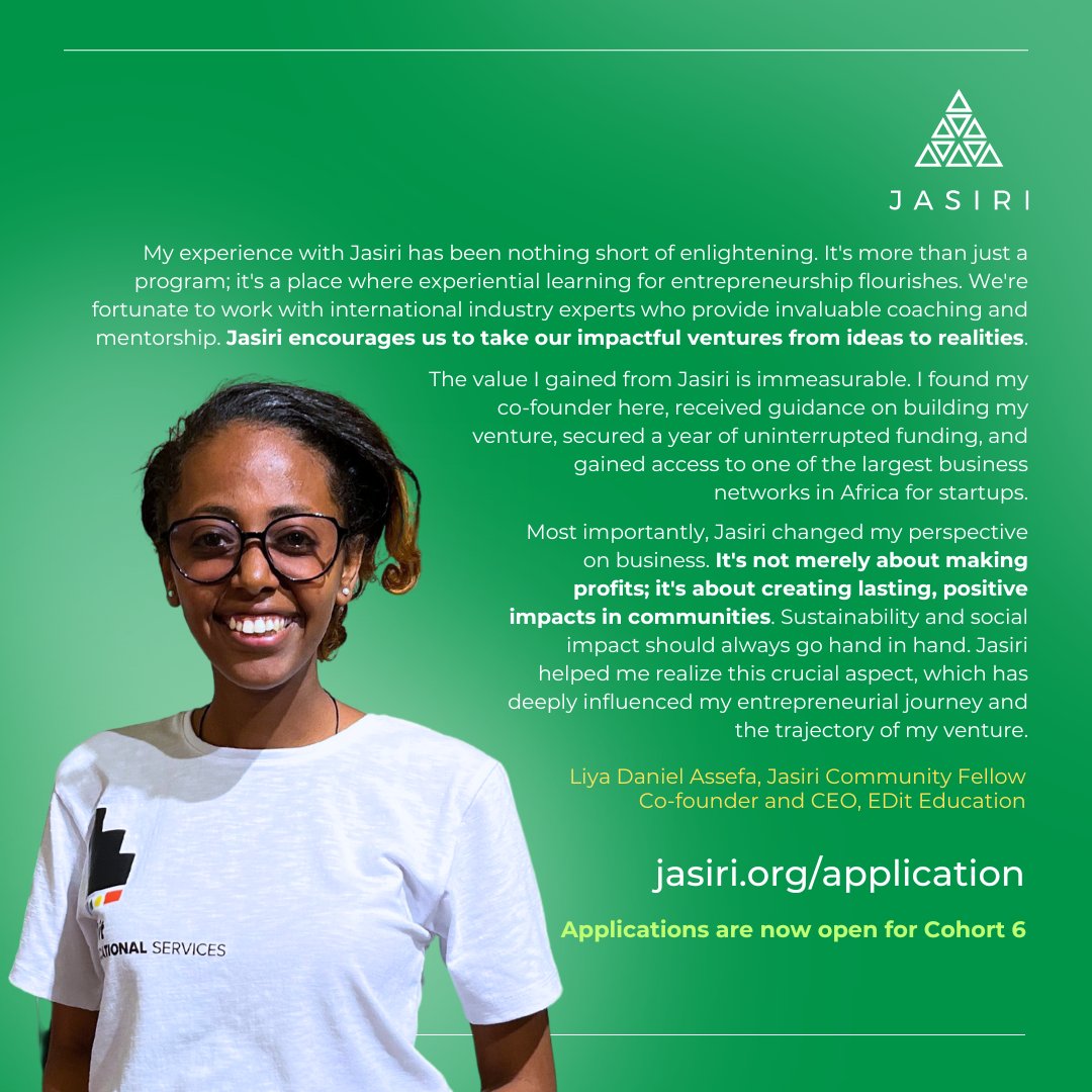 Meet Liya Daniel Assefa, a Jasiri Community Fellow! 
🌟She shares her entrepreneurial journey with Jasiri, nurtured with resources, a rich network, and a supportive community. Ready to make an impact? Join us by applying for Cohort 6 of the Jasiri Talent Investor Program at