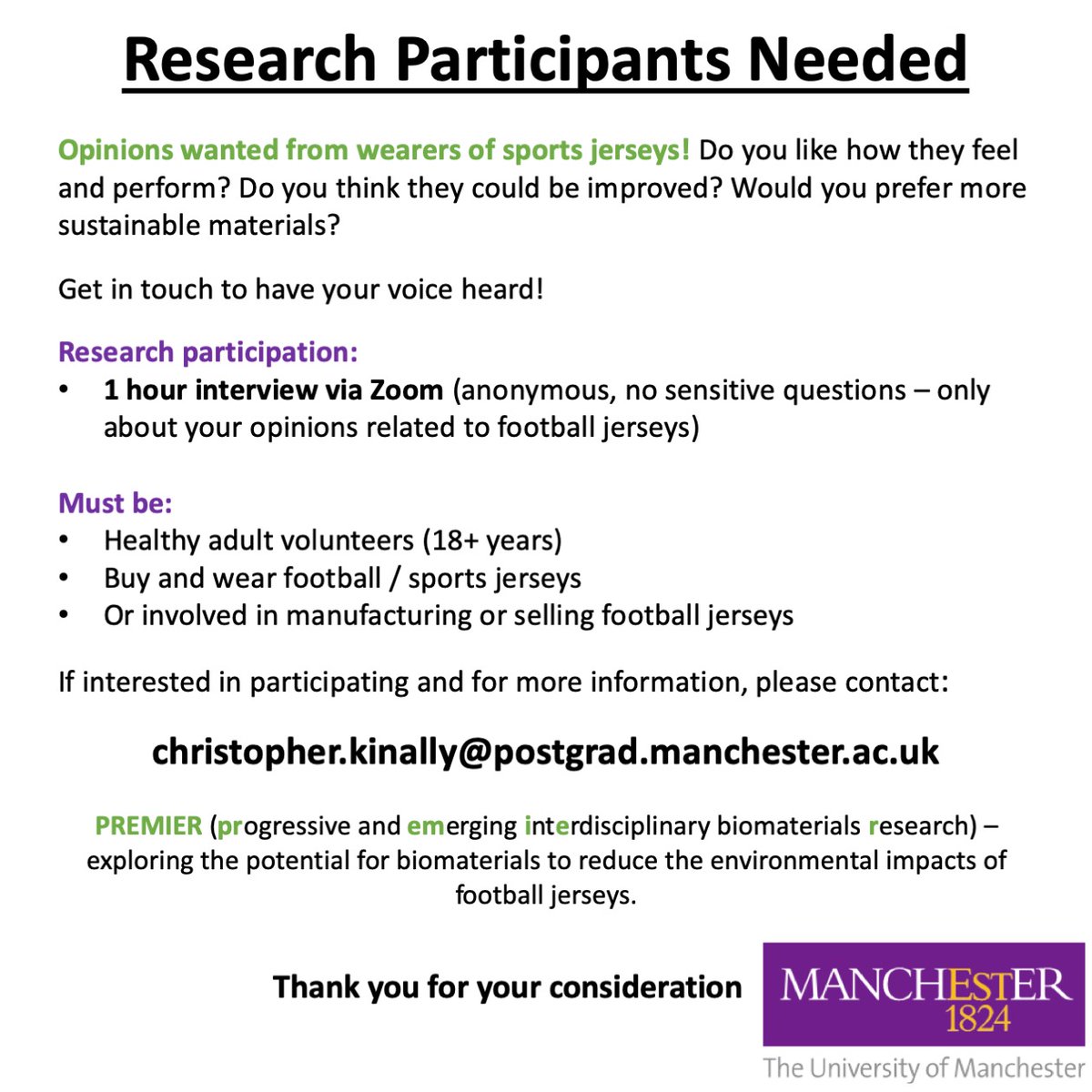 Seeking football fans to participate in biomaterials research project #football #biomaterials #research #footballjersey #fashion #materials @CEHenninger @fashfutures @schmid_gallego @laurajpottinger @songyi_yan