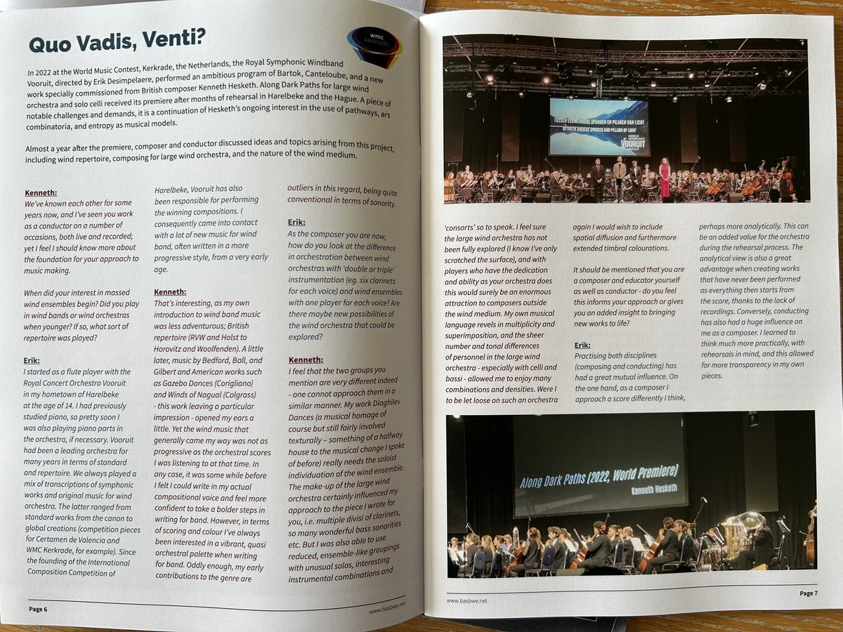 A little conversation article on a reasonably recent piece of mine between myself and conductor Erik Desimpelaere in #windsmagazine, Spring edition. ‘Quo Vardis, Venti?’ Discussion of wind orchestra programming, composition for the medium and other things…