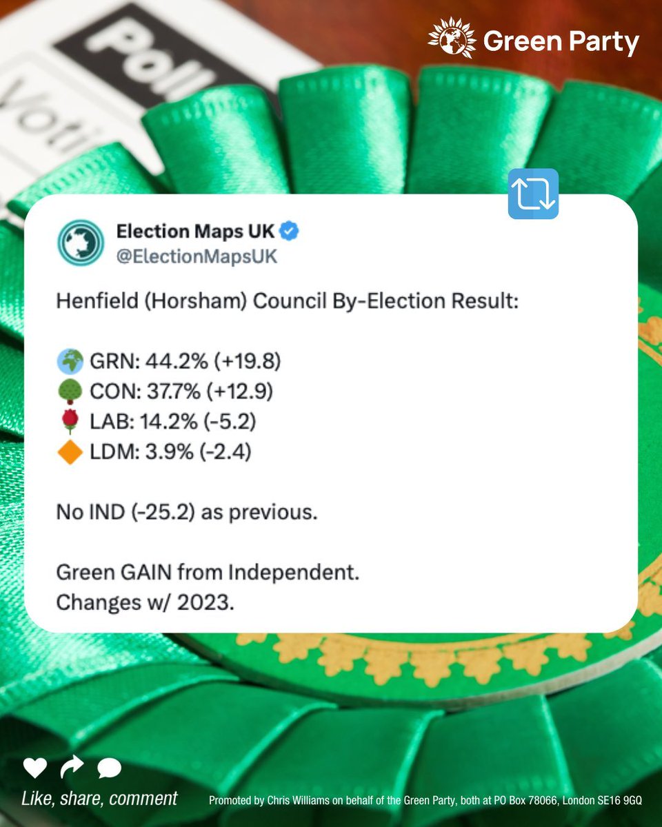 🎉 Green WIN! 🎉 IND to 💚 💚 Congratulations to Gill Perry on being elected in Henfield, Horsham with 44.2% of the vote!