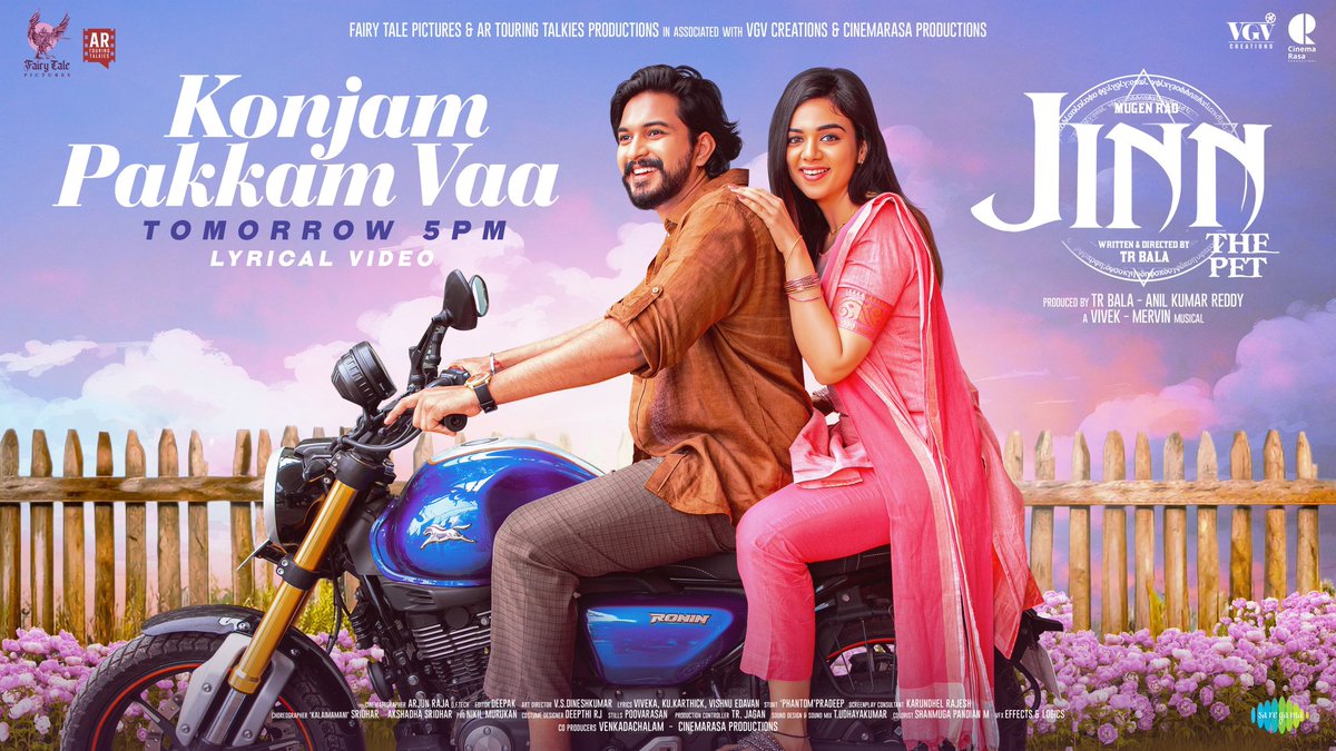 Tune into the beats of our next rhythmical Single #KonjamPakkamvaa from #JINN-the pet movie, streaming tomorrow at 5Pm @saregamasouth starring @themugenrao @bt_bhavya Written and Directed by @Bala_TR A @iamviveksiva - @MervinJSolomon musical