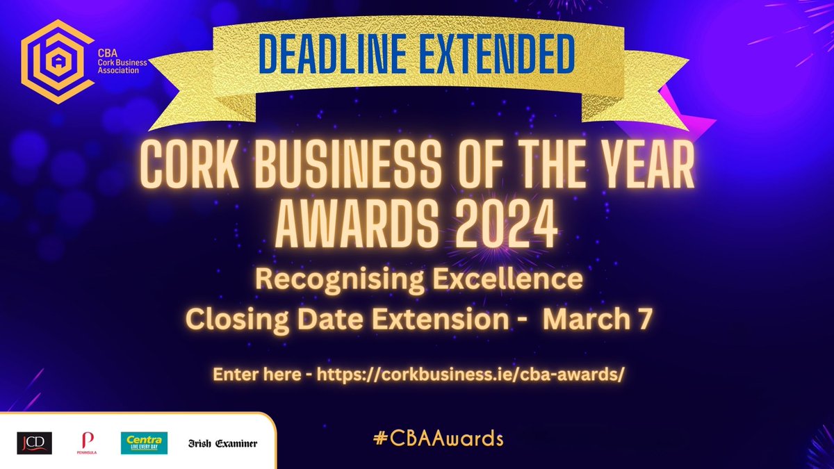 We're in the final week now to enter the Cork Business of the Year Awards. Closing date is this Thursday, March 7th at noon. With 12 categories to choose from, don't miss the chance to showcase your business. Enter here - corkbusiness.ie/cba-awards/ #CBAAwards