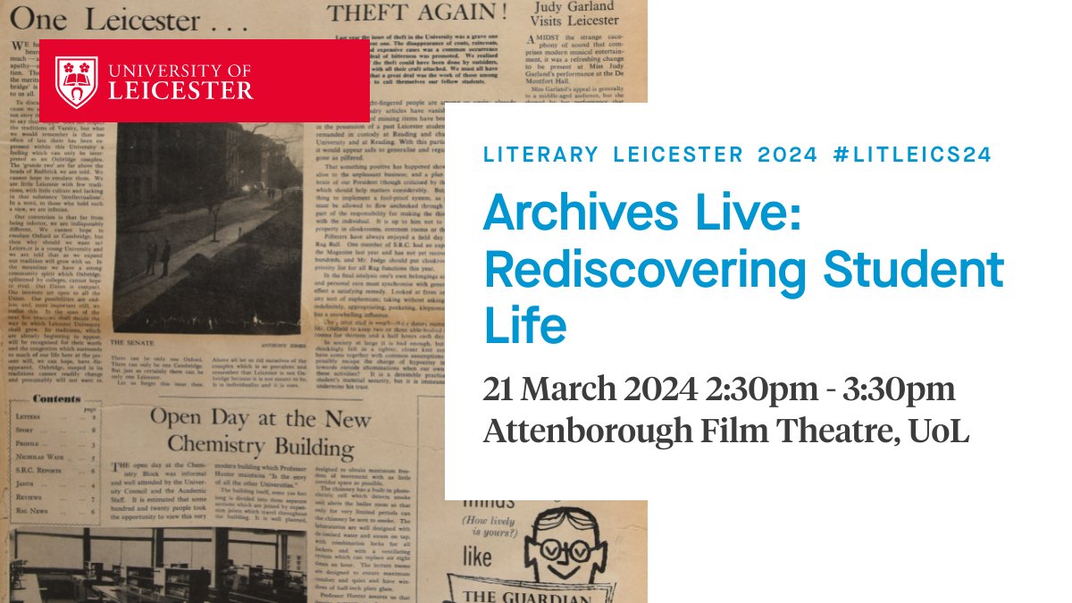 Delve into the University of Leicester Students’ Union archives and explore the student experience of the twentieth century. Everyone is welcome to join us on a trip down memory lane! BOOK NOW: ow.ly/6wCp50QKFll #LITLEICS24 #LiteraryLeicester #UniversityOfLeicester