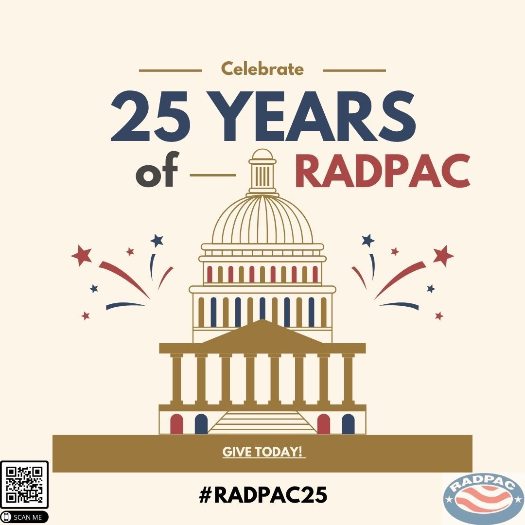 We're celebrating twice this month! Not only is it March Radness, it's also @radpac's 25th anniversary! I challenge you to give $25 on March 5 to participate in the March Radness campaign and celebrate 25 years of #radvocacy! @radpac