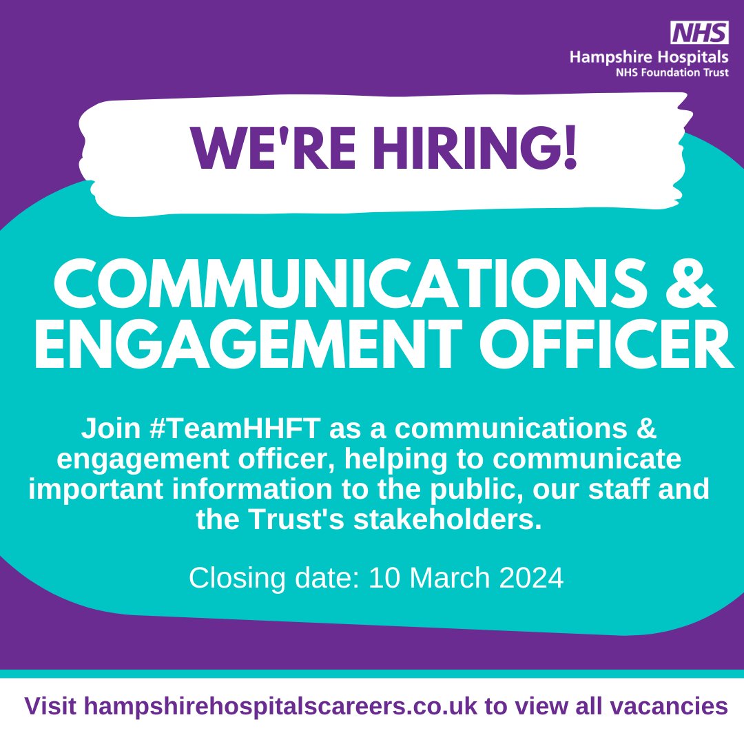 HHFTnhs's tweet photo. Become a part of #TeamHHFT! 👩‍⚕️

We're recruiting for a communications &amp; engagement officer to help the organisation communicate important information to the public, our staff and the trust's stakeholders.

Full role details &amp; submit an application ➡️ https://t.co/yieN9nhFOn https://t.co/dzU0sfAJgc