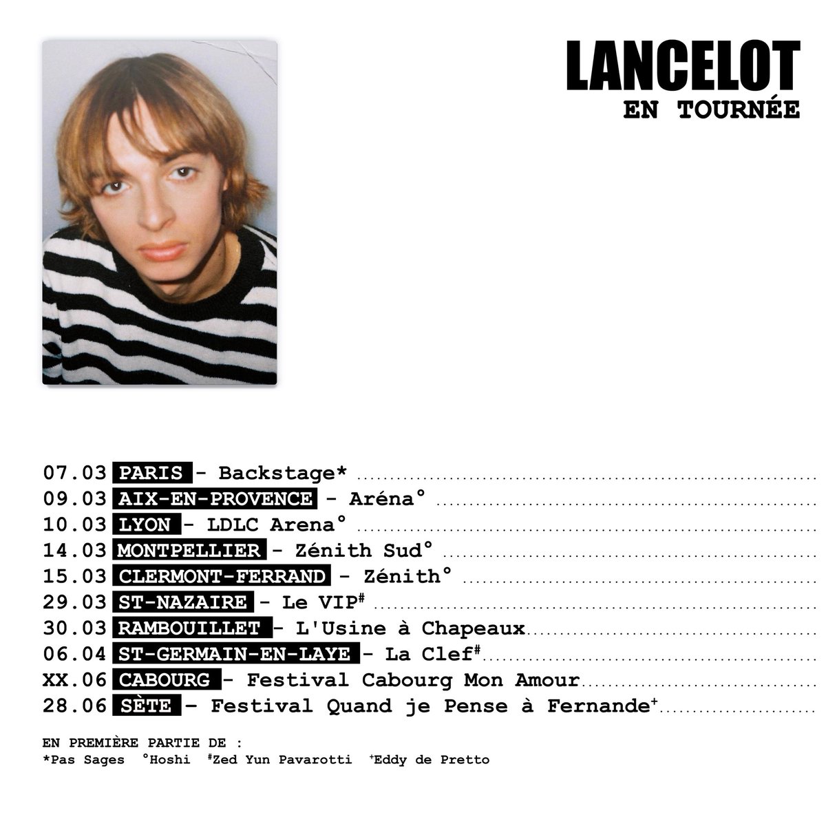 Lancelot annonce la sortie d’un 1er EP « Curriculum Vitae » le 8 mars et d’une tournée dans la foulée en ouverture pour Hoshi, Eddy de Pretto et Zed Yun Pavarotti. Première date la veille de la sortie de l’EP en 1ere partie de @Pas_Sages_ à Paris le 7 mars ! 🖤…