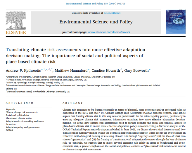 #ClimateRisk assessment is complex & is often reduced to biophysical & socioeconomic factors. In a UK study, @KythreotisAP et al. argue stronger #EvidenceBasedPolicymaking should draw on socially inclusive/equitable #PlaceBased research to inform policy doi.org/10.1016/j.envs…
