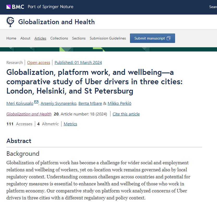 uberisationrrr's tweet photo. Our new article on #platformeconomy presents a comparative study on platform work in three cities with a different regulatory and policy context. Data was collected #Russia, #Finland, #UK in 2019-2021.

#Globalization
#PlatformWork 
#Psychosocialstress
#Regulation
#Uber https://t.co/HQwOCP1q7R