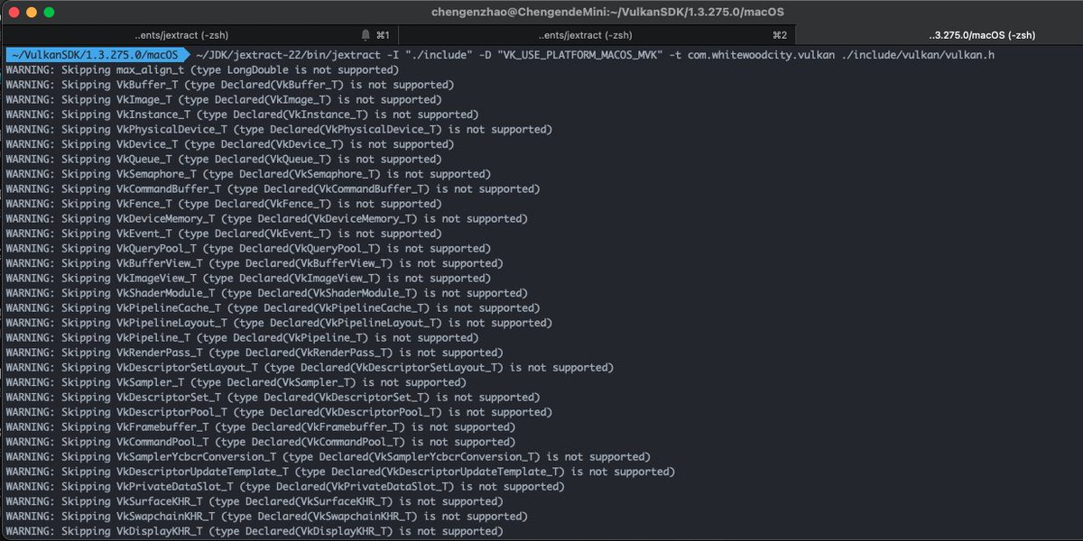 WhiteWoodCity's tweet photo. With #jextract you may generate corresponding java source files of vulkan.h, it will automatically generate 1839 files
Image how difficult it would be if we are still using JNI and rely on developers to write the code
Here is the reference project:https://t.co/oOzLsXsBoN
#Java https://t.co/466eJNyVoE