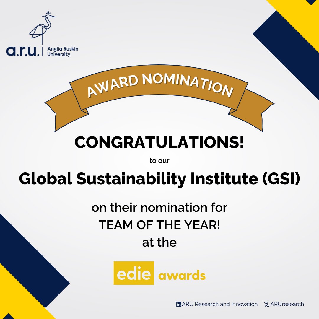 We are happy to announce that ARU’S Global Sustainability Institute (GSI) has been nominated for the ‘Team of the Year’ at the edie Awards! ARU is proud of the @GSI_ARU team and their achievements so far! #ARUProud #GlobalSustainabilityInstituite #EdieAwards #Teamoftheyear