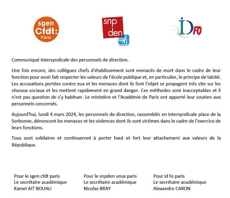 #ID-FO Nancy-Metz est solidaire de nos collègues de Paris la laïcité est un combat de tous les jours  Dénonçons ces atteintes et les lynchages médiatiques. À quand une vraie politique de protection des Perdir
