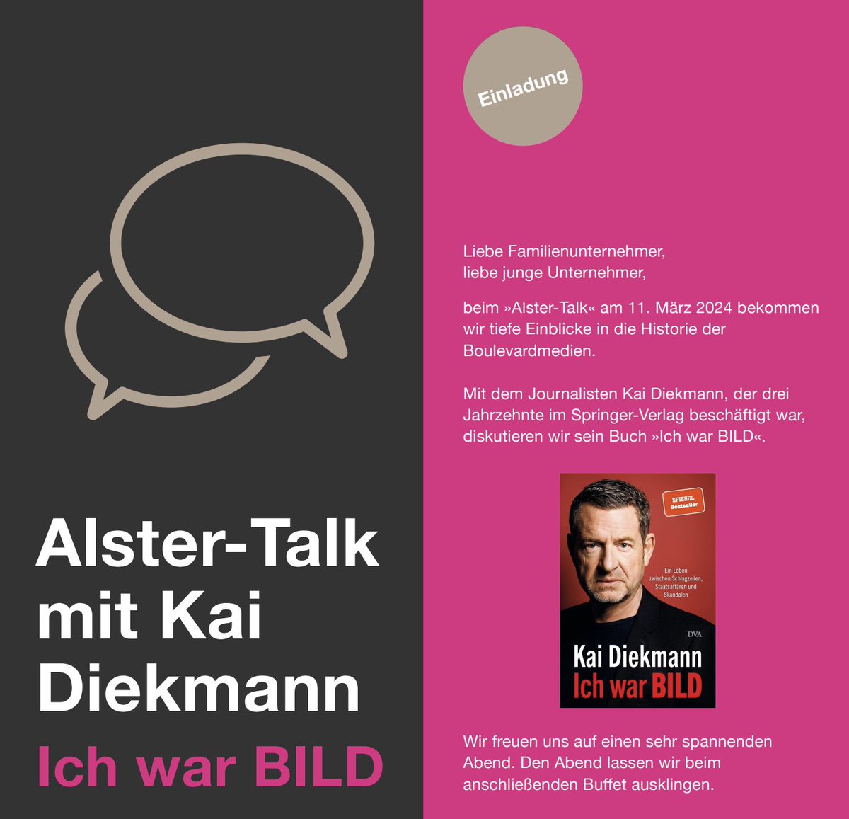 "Ich war BILD"

Beim »Alster-Talk« am 11. März 2024 bekommen wir tiefe Einblicke in die Historie der Boulevardmedien. Mit dem Journalisten <a href="/KaiDiekmann/">Kai Diekmann</a>, der drei Jahrzehnte im Springer-Verlag beschäftigt war, diskutieren wir sein Buch.

familienunternehmer.eu/at1103

<a href="/axelspringer/">Axel Springer SE</a>