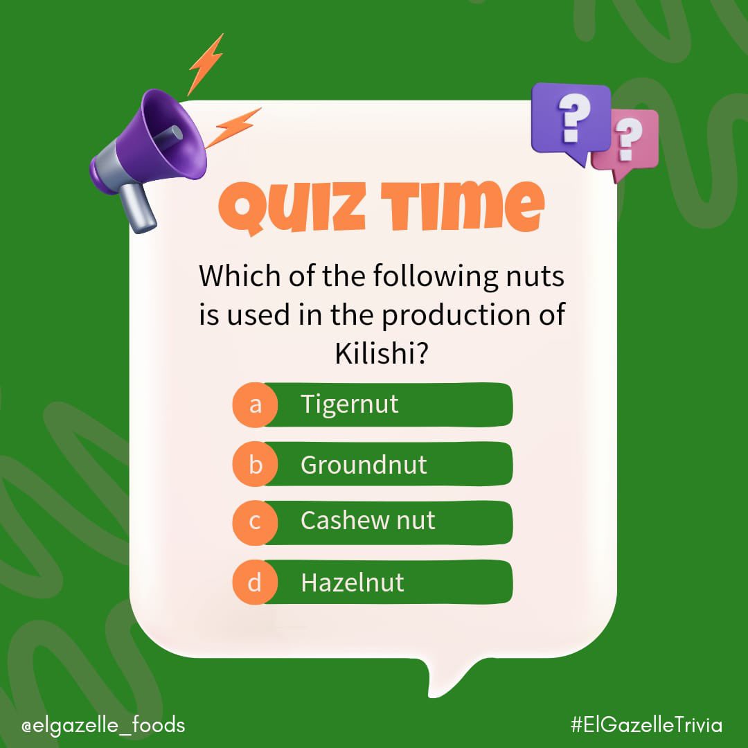 #TRIVIATIME: Comment your answer 

#KilishiByElGazelle #ElgazelleFoods 
[Olu Jacob Anikulapo Aunty Kate Bella Shmurda Sheffield Arsenal Dei-Dei Owerri CBN Jonzing gba Devi Deji Pi Doritos Trump Osimhen Zimbabwe Rinu Saro AG Baby].