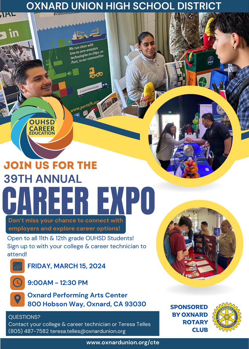 ALL @oxnardunion JUNIOR SENIOR students!! Our Career Expo will take place on Friday March 15th. Youth employers trade schools and more will be in attendance! contact your college & career technician in the career center at your campus to signed up!! #careerexpo