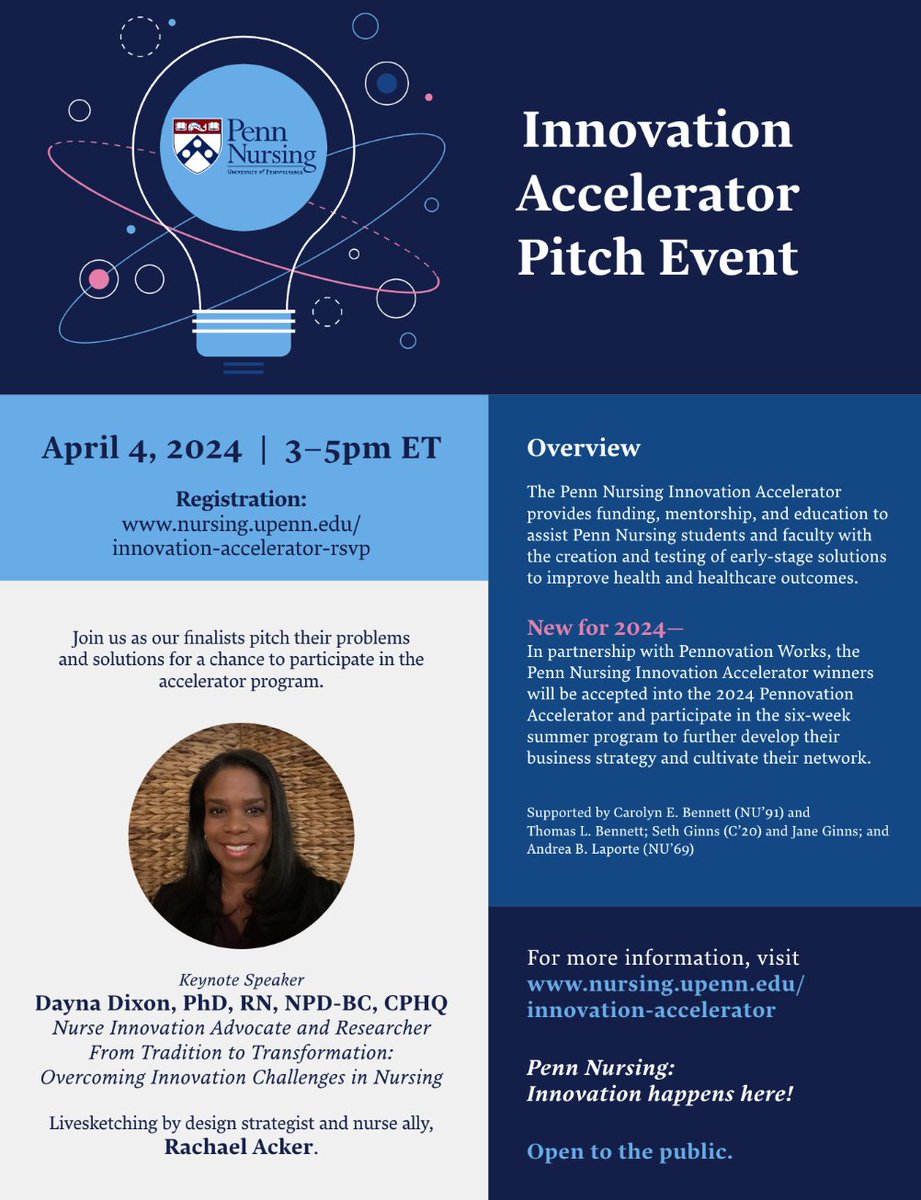 Join us for the @PennNursing Innovation Accelerator Pitch Event on April 4th, 3p ET, virtually, as our #nurses pitch their solutions for a chance to win up to $10k & participation in the @PennovationWork accelerator. RSVP here: nursing.upenn.edu/calendar/event…