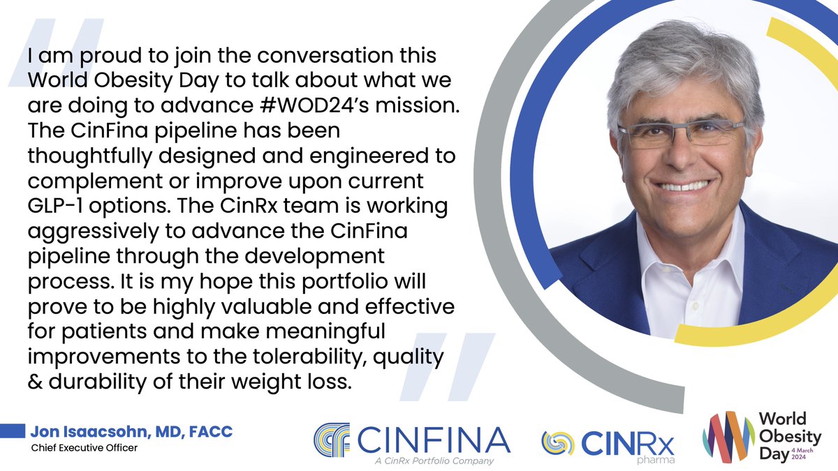 Despite recent #obesity treatment breakthroughs, a need remains for new targets and approaches. CinRx portfolio company CinFina is on a mission to fill this. In honor of #WorldObesityDay, read more from CinRx CEO Dr. Jon Isaacsohn in this article: tinyurl.com/pckjv3mu #WOD24