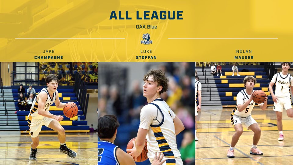 Congratulations to Jake Champagne, Luke Stoffan, and Nolan Mauser on being voted all league! All very deserving of this honor. Drew Cady also received honorable mention! #OxfordHoops