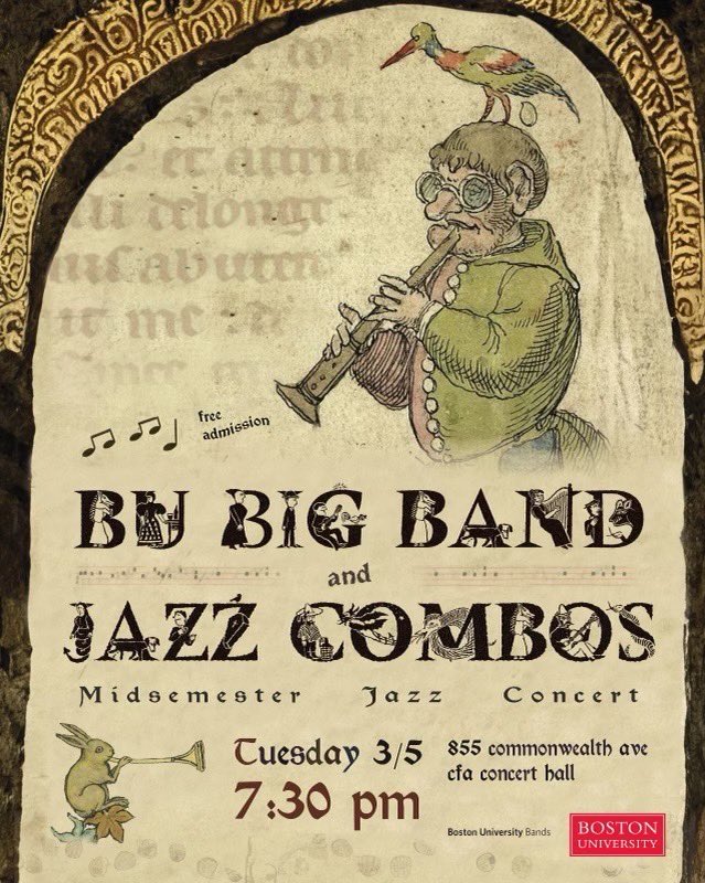Be sure to come to our first jazz performance of the year! This FREE event is this Tuesday, March 5th at 7:30pm in the CFA Concert Hall (855 Commonwealth Ave). We can’t wait to see you there! 🎷