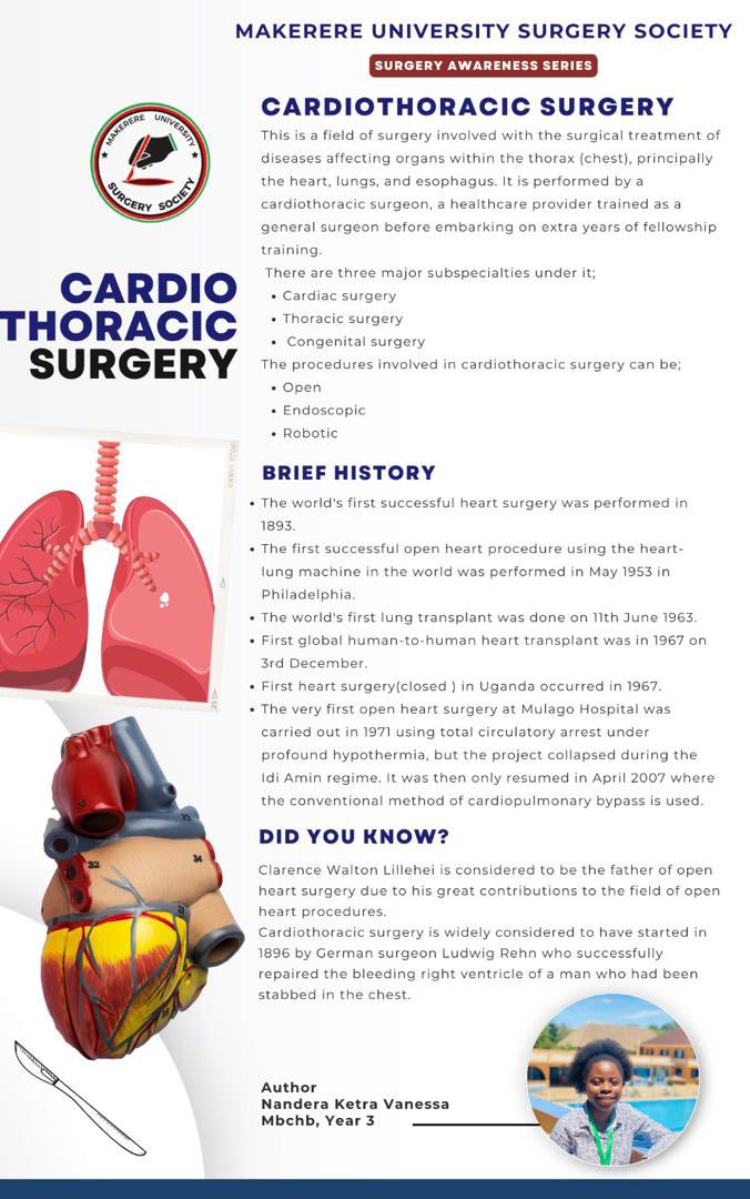 Did you know that the human 🫀heart beats about 100,000 times a day, 😱😱pumping approximately 2,000 gallons of blood throughout the body. 🤗🥳🔥Learn about the field of 🫁🫀Cardiothoracic Surgery🫀🫁with Makerere Univeristy Surgery Society.